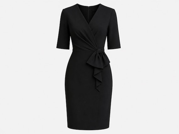 1950s Wiggle Dress | Flattering Black Crepe Fabric with a Bee Appliqué | Will Fit Small and Medium