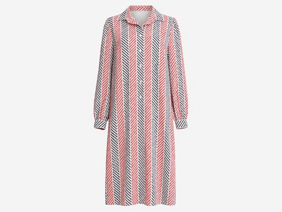 1970s Striped Chevron Shirt Dress | Red, White and Blue Satin | Will Fit Medium and Large