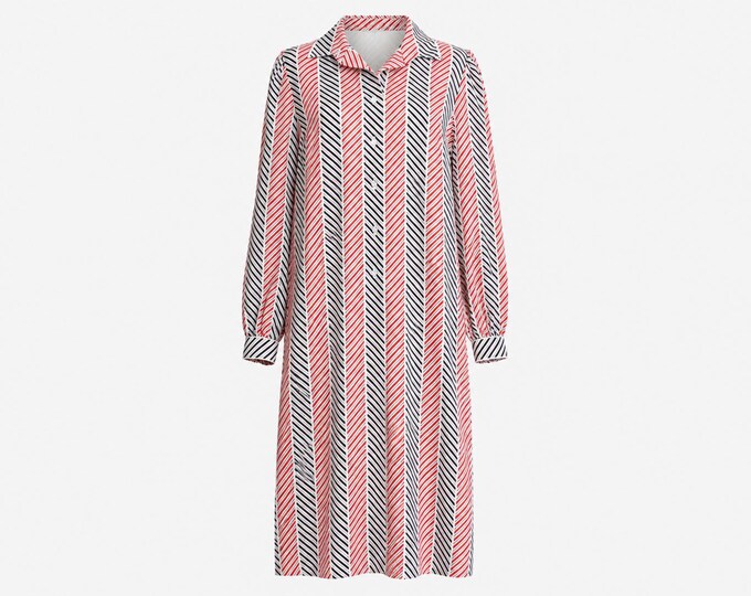 1970s Striped Chevron Shirt Dress | Red, White and Blue Satin | Will Fit Medium and Large