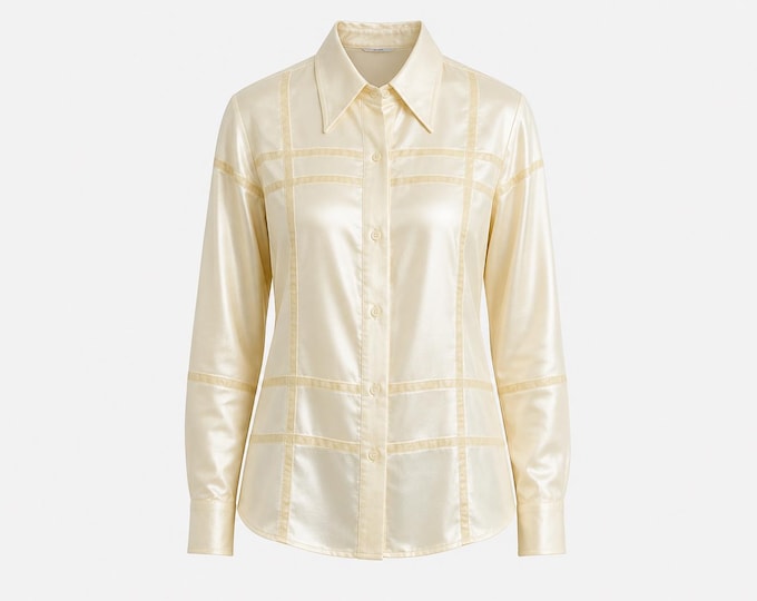 1980s Susan Bristol Dressy Blouse | Gold Thread Plaid Organza Fabric | Size 10