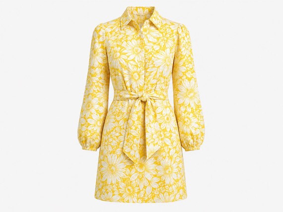 1960s Joan Curtis Mini Dress | Yellow Floral Cotton Crepe | Will Fit Medium