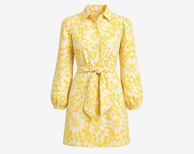 1960s Joan Curtis Mini Dress | Yellow Floral Cotton Crepe | Will Fit Medium