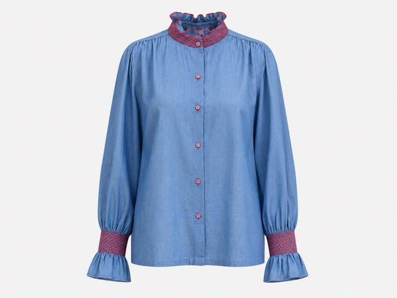 1970s Ship n' Shore Cabbage Collar Blouse | Blue Chambray with Red Smocked Neck and Sleeves | Size 36