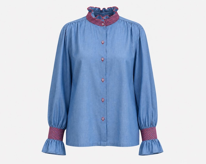 1970s Ship n' Shore Cabbage Collar Blouse | Blue Chambray with Red Smocked Neck and Sleeves | Size 36