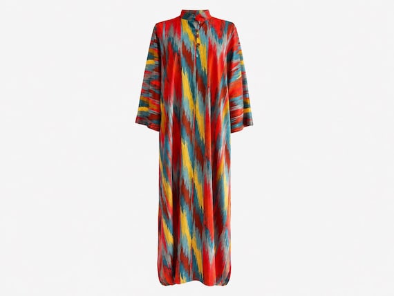 1960s Saks Fifth Avenue Robes Maxi Dress | Large Ikat Print | Will Fit Medium and Large