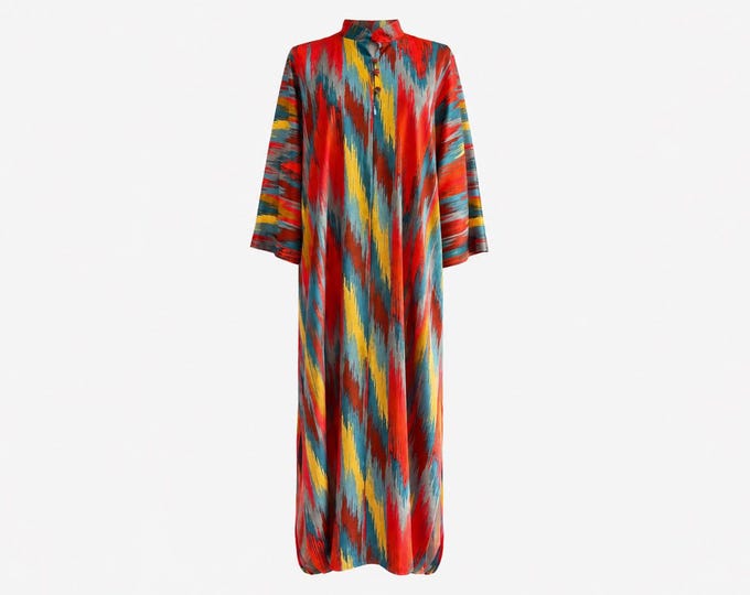 1960s Saks Fifth Avenue Robes Maxi Dress | Large Ikat Print | Will Fit Medium and Large