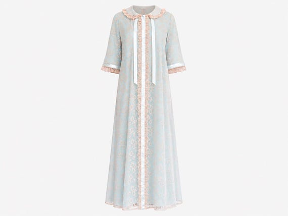 1960s Odette Barsa Duster | Blue and Pink Lace and Satin Ribbon | BNWT | Size Medium