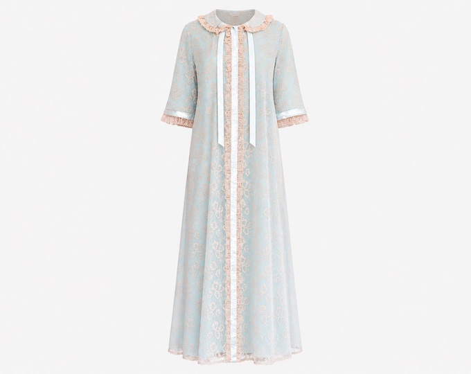 1960s Odette Barsa Duster | Blue and Pink Lace and Satin Ribbon | BNWT | Size Medium
