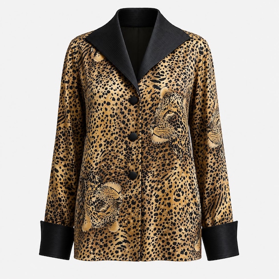 1980s Francesca of Damon Silk Cheetah Print Blouse | Quilted Collar and Cuffs | Size 8