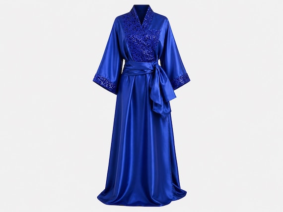 Royal Blue Satin and Sequined Boubou | Glam Hostess Gown | Evening Kaftan with Head-wrap or Sash | Plus Extra-large