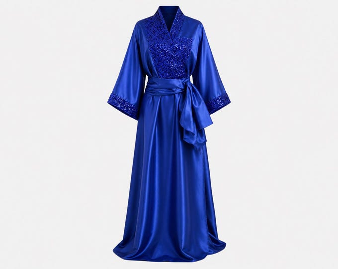 Royal Blue Satin and Sequined Boubou | Glam Hostess Gown | Evening Kaftan with Head-wrap or Sash | Plus Extra-large