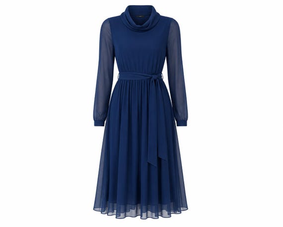 1970s Navy Blue Turtleneck Mini Dress | Self-tie Belt | Size 6/8