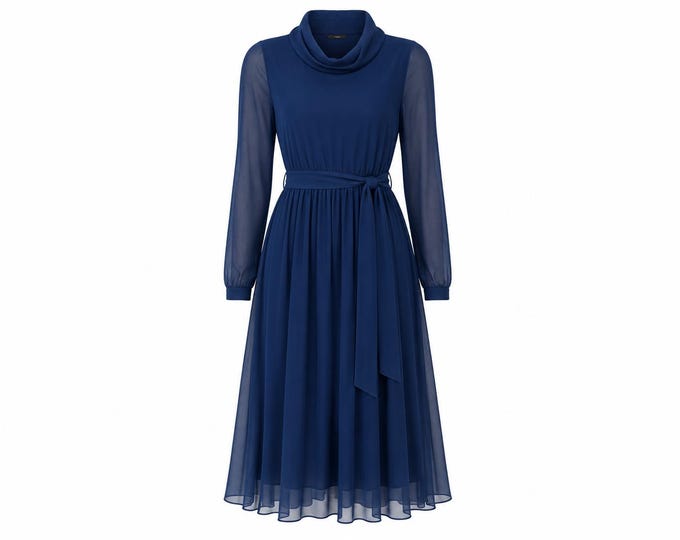 1970s Navy Blue Turtleneck Mini Dress | Self-tie Belt | Size 6/8