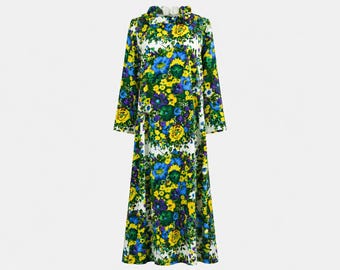 1970s Mod Psychedelic Floral Hostess Maxi Dress | Vintage Hippie Boho Cabbage Leaf Neck