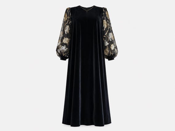 1980s David Brown Maxi Dress | Black Velvet, Gold Lace, Rhinestone Buttons | Size Large