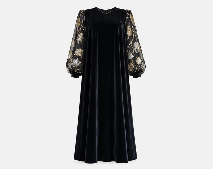 1980s David Brown Maxi Dress | Black Velvet, Gold Lace, Rhinestone Buttons | Size Large