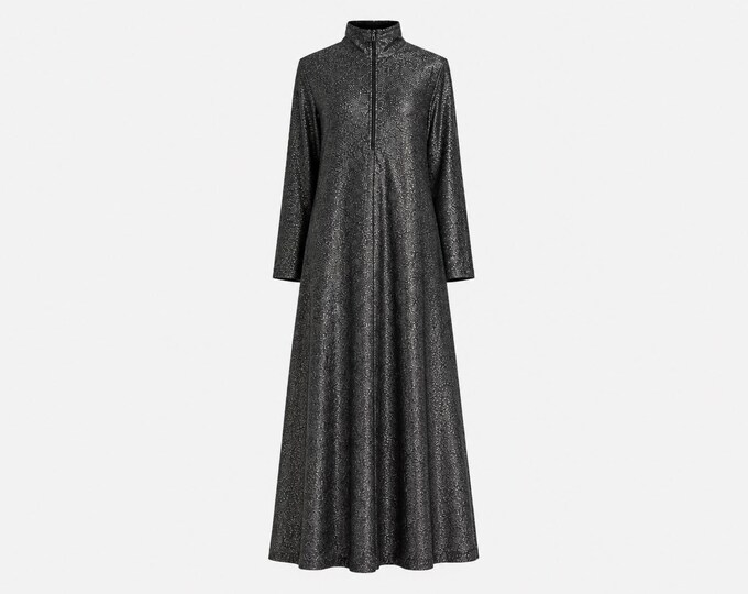 1970s Marilyn Loungewear Maxi Dress | Black and Silver Lurex | Will Fit Petite Small and Petite Medium