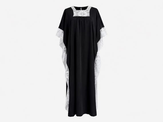 1960s Maxi Caftan Dress | Black with White Lace Trim | OSFA
