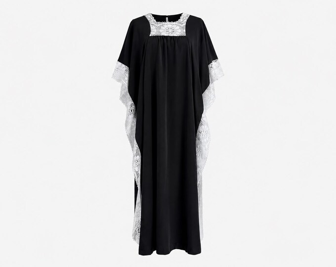 1960s Maxi Caftan Dress | Black with White Lace Trim | OSFA