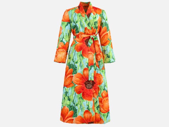 1950s Maxi Housecoat, Robe | Quilted Cotton Floral Fabric | Size Large