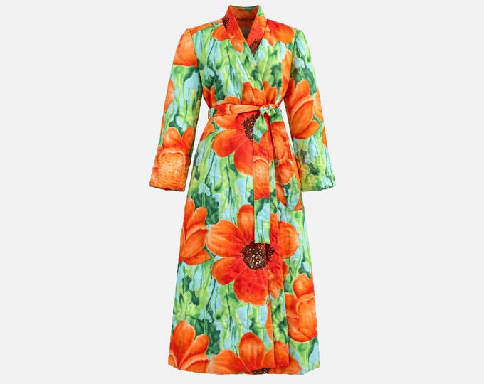 1950s Maxi Housecoat, Robe | Quilted Cotton Floral Fabric | Size Large