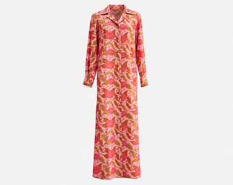1960s Silk Shantung Maxi Dress | Pink Floral Column Gown | Size Medium