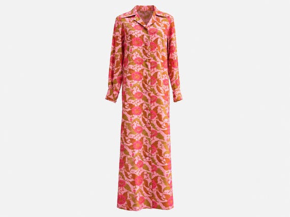 1960s Silk Shantung Maxi Dress | Pink Floral Column Gown | Size Medium