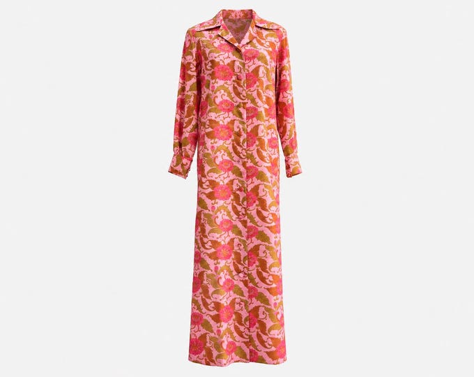 1960s Silk Shantung Maxi Dress | Pink Floral Column Gown | Size Medium