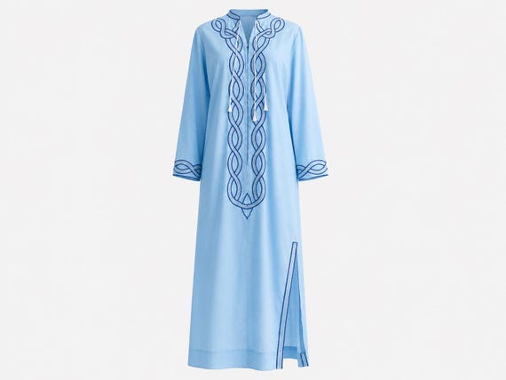 1970s Caribana Maxi Caftan Dress | Embroidered Blue and White Fabric | Size Medium and Large