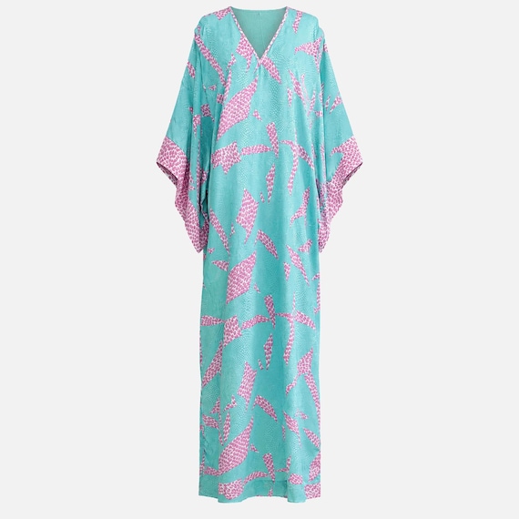 1980s David Brown California Maxi Dress with Angel Sleeves | Teal and Pink Satin Lounge Gown | Size Small and Medium