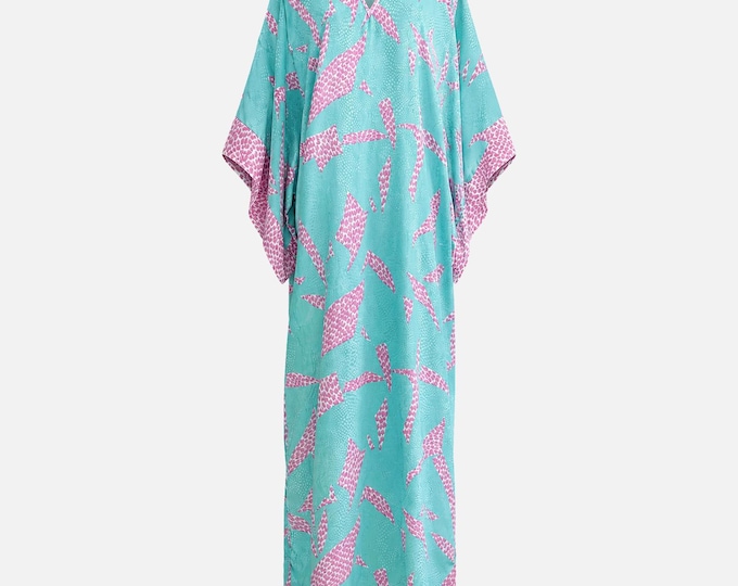 1980s David Brown California Maxi Dress with Angel Sleeves | Teal and Pink Satin Lounge Gown | Size Small and Medium