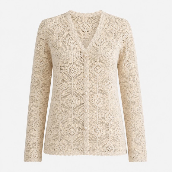 1970s Handmade Cardigan | Ivory Crochet Cotton | OSFM