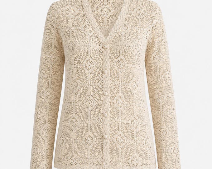 1970s Handmade Cardigan | Ivory Crochet Cotton | OSFM