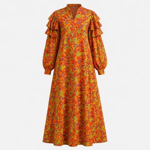 May include: A long-sleeved maxi dress featuring a vibrant abstract pattern in shades of orange, yellow, and purple. The dress has a V-neckline, tiered ruffled details on the shoulders, and full-length sleeves with cuffs, creating a flowing silhouette.