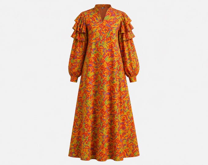 1970s David Brown Maxi Dress | Satin Psychadelic Floral Print | Size Medium