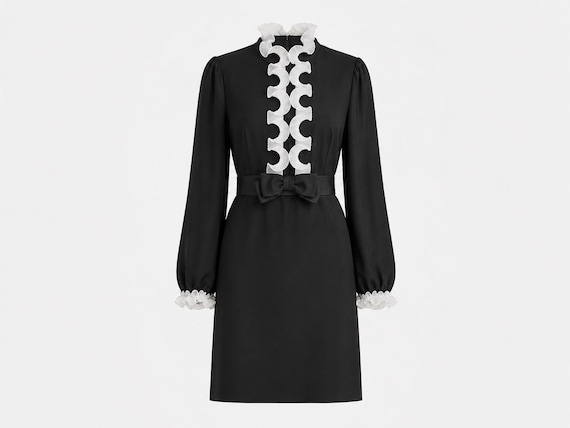 1970s Mini Dress | Black Crepe with White Frilly Trim | Will Fit Small and Medium