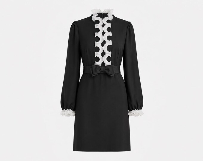 1970s Mini Dress | Black Crepe with White Frilly Trim | Will Fit Small and Medium