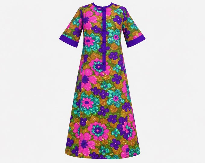 1960s Andrade Psychedelic Floral Maxi Dress | Hawaiian Flower Power | Size Medium