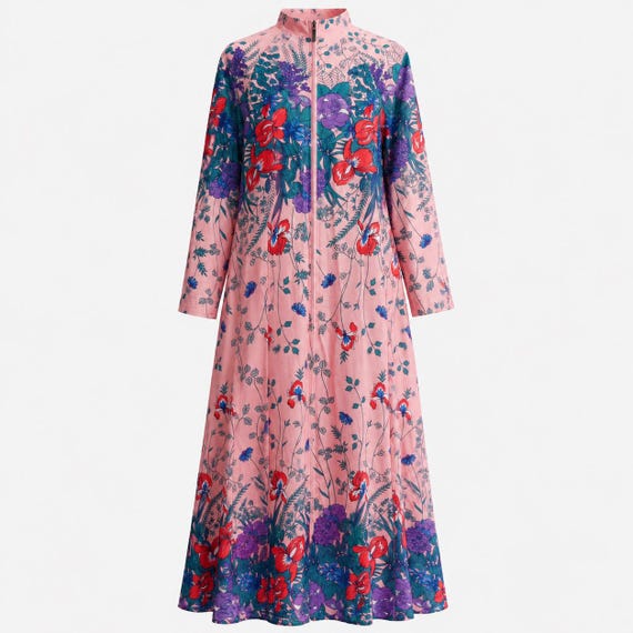 1970s Elaine Sklar Floral Maxi Dress  | Pink Lounge Gown | Size Large