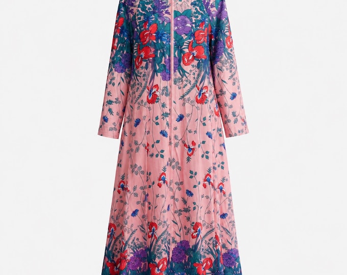 1970s Elaine Sklar Floral Maxi Dress  | Pink Lounge Gown | Size Large