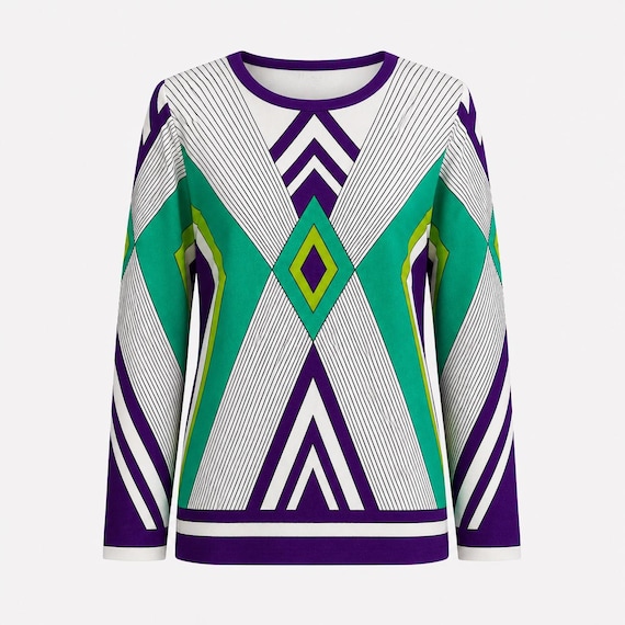 1960s Mod Long Sleeve Tee Top | Abstract Purple and Turquoise Chevron Pattern | Size Medium