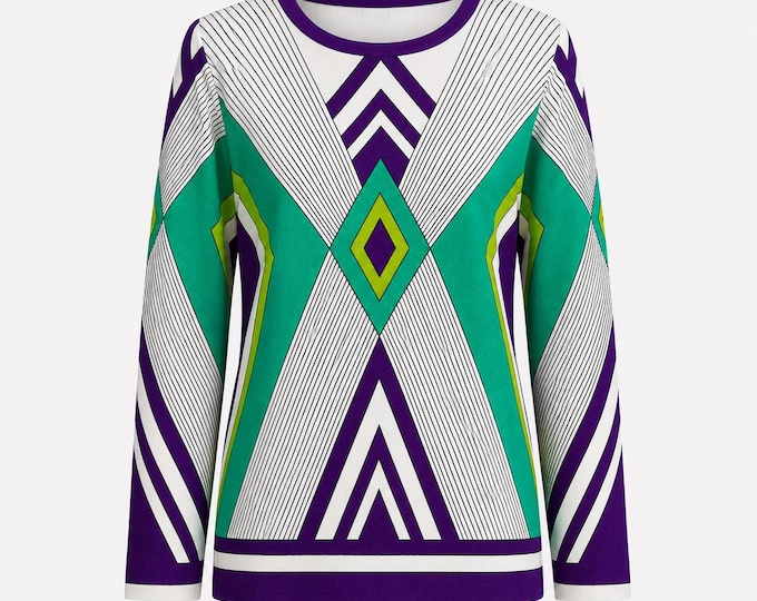 1960s Mod Long Sleeve Tee Top | Abstract Purple and Turquoise Chevron Pattern | Size Medium