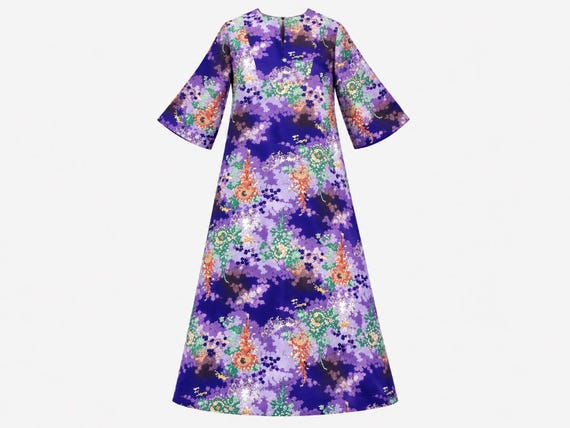 1970s Lore-Nei Hawaii Purple Asian-inspired Floral Maxi Dress | Size Large