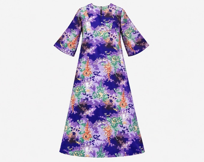 1970s Lore-Nei Hawaii Purple Asian-inspired Floral Maxi Dress | Size Large