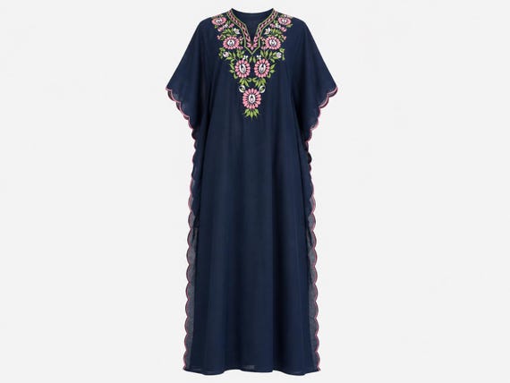 1970s Navy Blue Cotton Caftan | Heavily Embroidered | Will Fit Extra-small/small