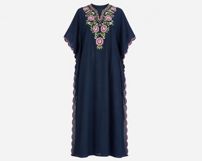 1970s Navy Blue Cotton Caftan | Heavily Embroidered | Will Fit Extra-small/small