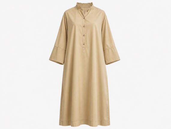 1970s Catherine Ogust for Penthouse Gallery Midi Shirt Dress | Khaki Cotton Fabric | Size Medium