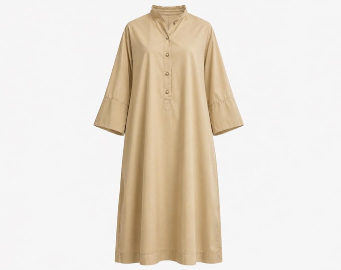 1970s Catherine Ogust for Penthouse Gallery Midi Shirt Dress | Khaki Cotton Fabric | Size Medium