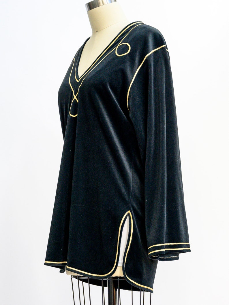 Vintage Bill Tice velvet tunic from the 1980s. Stunning black tunic with gold piping. Luxurious and soft. Wear with leggings for a chic look image 8