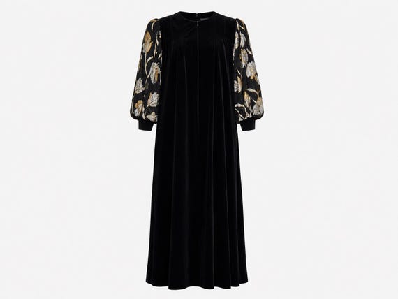 1980s David Brown California Maxi Dress | Black Metallic Lamé Velour Fabric | Will Fit Small-Large